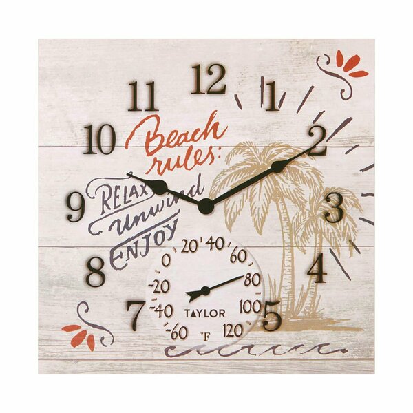 Taylor Precision Products 14-In. x 14-In. Beach Rules Poly Resin Clock with Thermometer 5280580